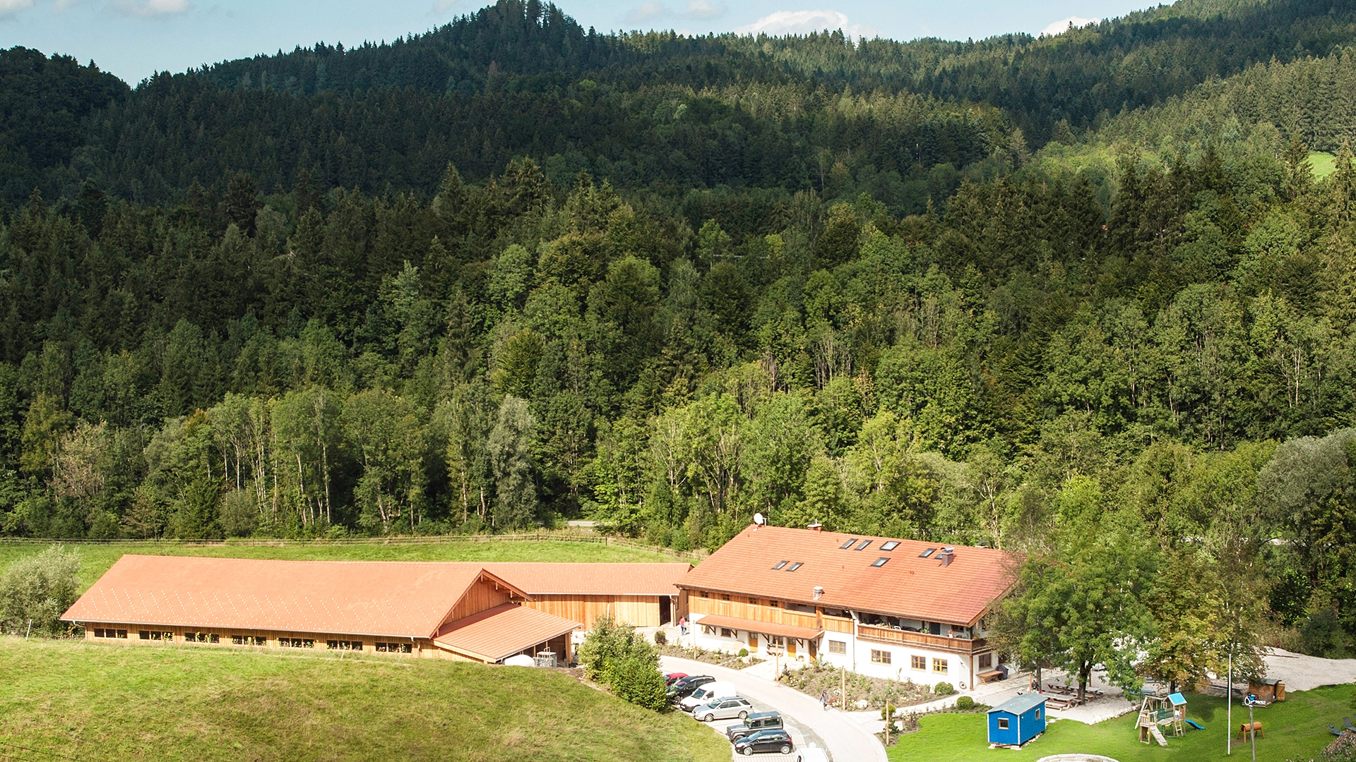 Groene heuvels met een gebouw